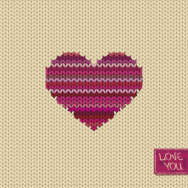 Knitted seamless pattern or card with melange heart and greeting tag. Included Ai