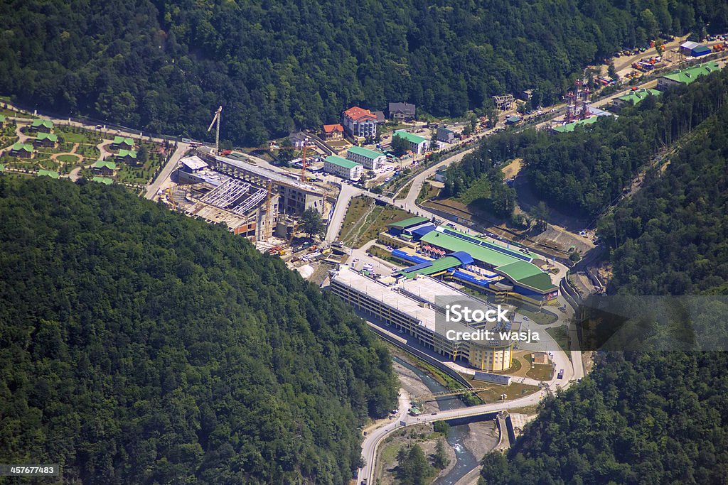 Top view of Krasnaya Polyana, Sochi, Russia. Top view of Krasnaya Polyana, Sochi, Russia. The mountain cluster of objects of Winter Olympic games 2014 in Sochi. 2014 Stock Photo