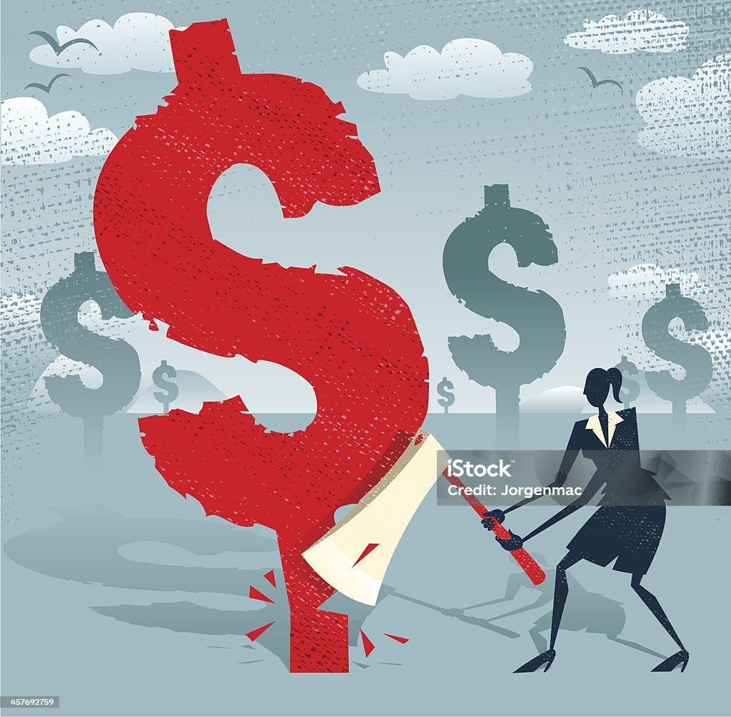 Abstract Businesswoman cuts down the Dollar. Great illustration of Retro styled Businesswoman cutting down a giant Dollar Tree with her razor sharp Axe. Abstract stock vector