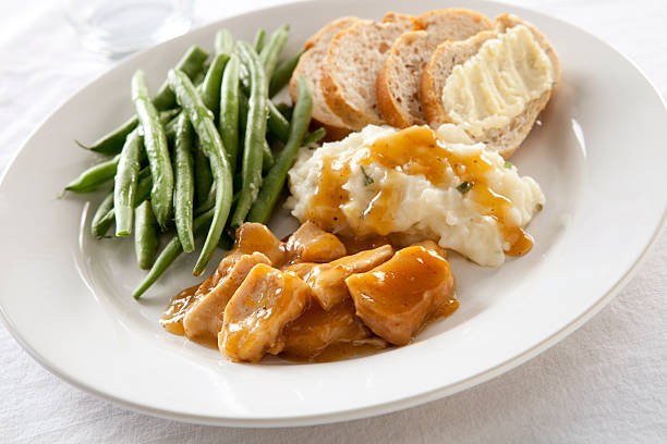 istock Turkey Gravy Dinner with Mashed Potatoes, Green Beans and Bread 457703687