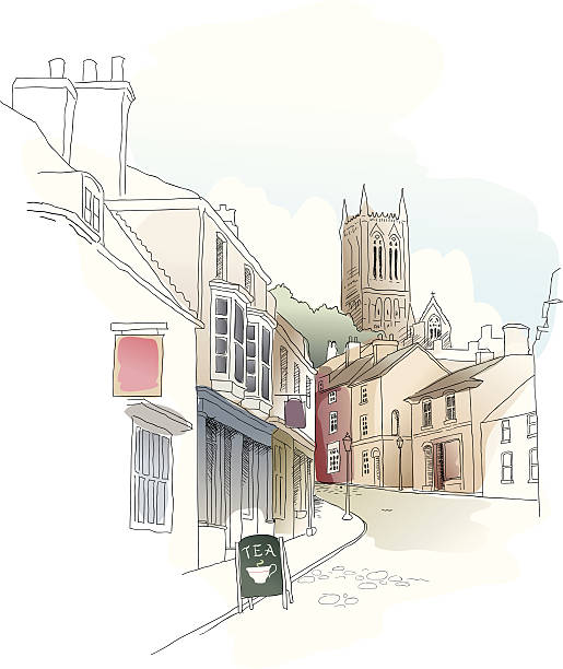 Typical English Town Ink and watercolor style illustration of a typical English scene. Lines and colors on separate layers. english culture illustrations stock illustrations