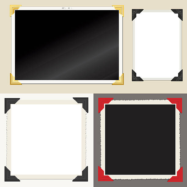 Set of classic empty photo frames Vector set of vintage style photos, with paper mounting corners. Shadows made with blends and on separate layer. photo holder stock illustrations