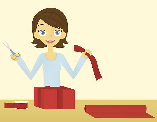 Wrapping Presents A vector illustration of a woman wrapping presents. The woman is on a separate layer from the background. scissors cutting wrapping paper stock illustrations