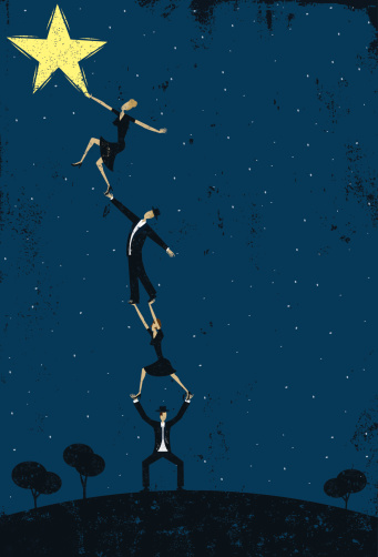 A group of men and women working together to reach a star. The background extends outside the square clipping mask. To edit, select the background and go to OBJECT-> CLIPPING MASK-> EDIT CONTENTS or RELEASE.