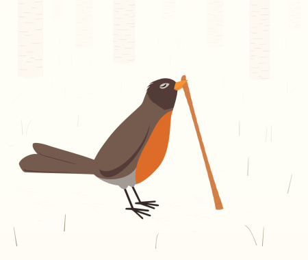 The early bird gets the worm.  A retro styled robin has found an earthworm in the winter forest and is pulling it out of the ground.  The robin left his little footprints near the worm hole.  Birch trees are in the distance, softly fading into the winter scene.  Tiny grasses and rocks are scattered about the scene.