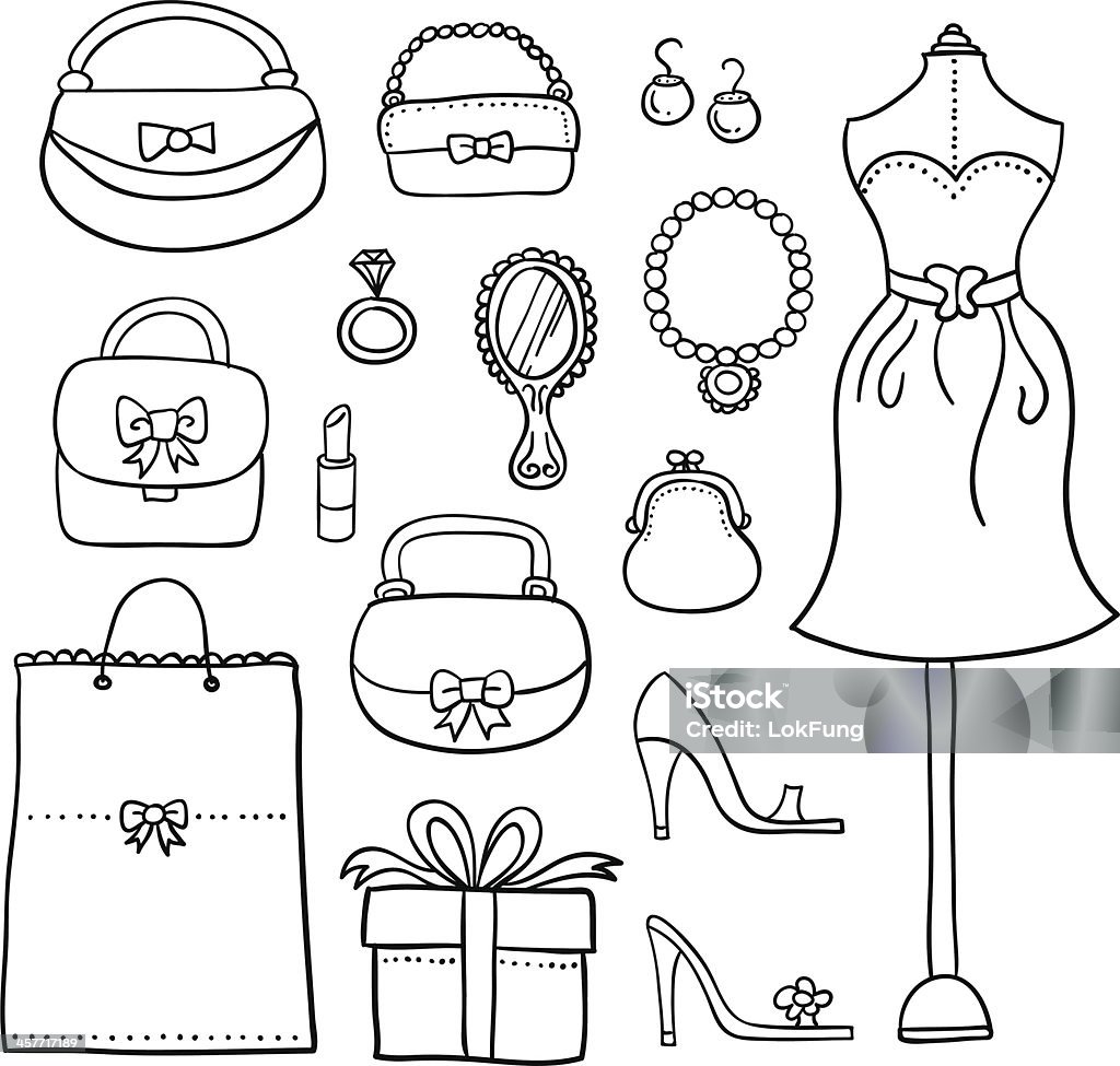 Black Line Drawings Of Womens Accessories On White Backing Stock  Illustration - Download Image Now - iStock