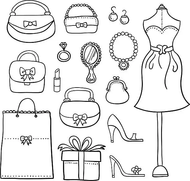 Vector illustration of Black line drawings of women's accessories on white backing