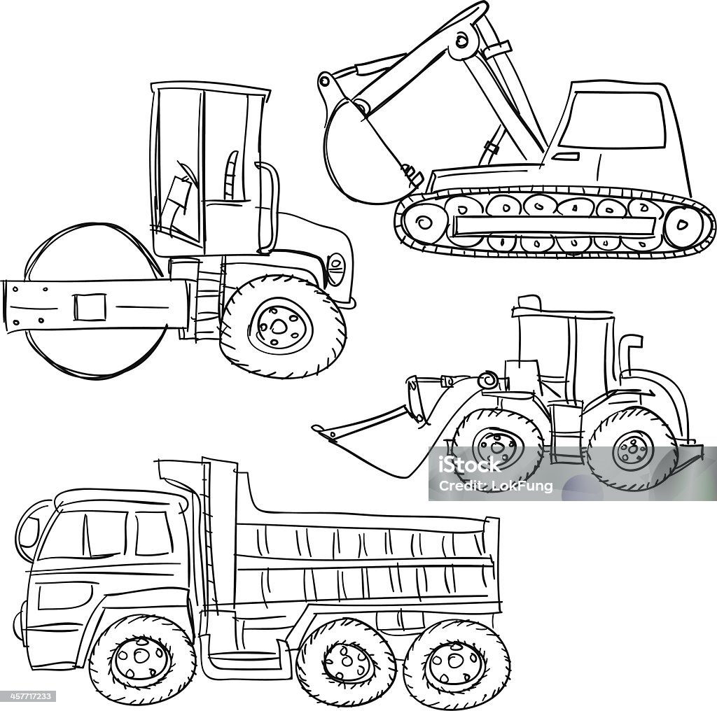 Heavy-duty vehicle coolection in sketch style Sketch drawing of different kinds of heavy-duty vehicle Line Art stock vector