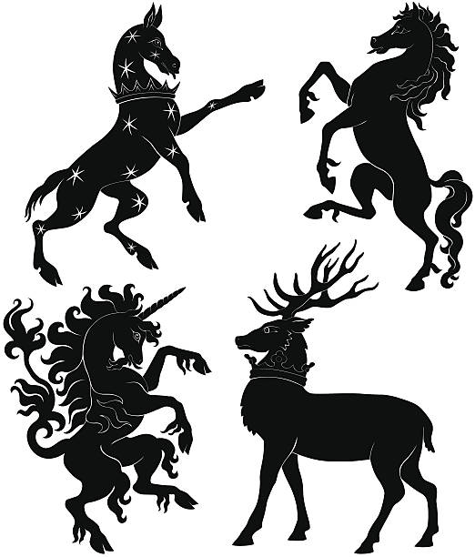 Animal Silhouettes Hoofed Heraldry Four black vector animal silhouettes. Hoofed Heraldry set includes horse, unicorn, pantheon, and stag. doe deer silhouette stock illustrations