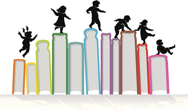 Learn & Play Children silhouette on top of upright books. Traced from my hand drawn sketch with high resolution jpg. More Education Series Lightbox learning silhouettes stock illustrations