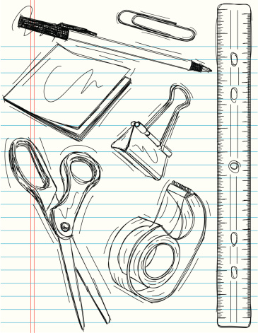 Sketchy, hand drawn office supplies on notebook paper. The items included are a paper clip, ballpoint pen, sticky notepad, binder clip, ruler, scissors, and adhesive tape. The artwork and paper are on separate labeled layers.