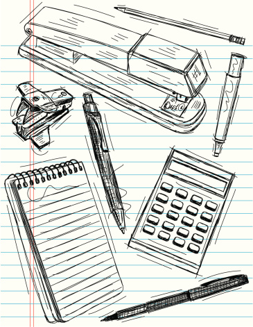 Sketchy, hand drawn office supplies on notebook paper. The items included are a ballpoint pen, felt tip pen, pencil, highlighter, calculator, note pad, stapler, and staple remover.  The artwork and paper are on separate labeled layers.