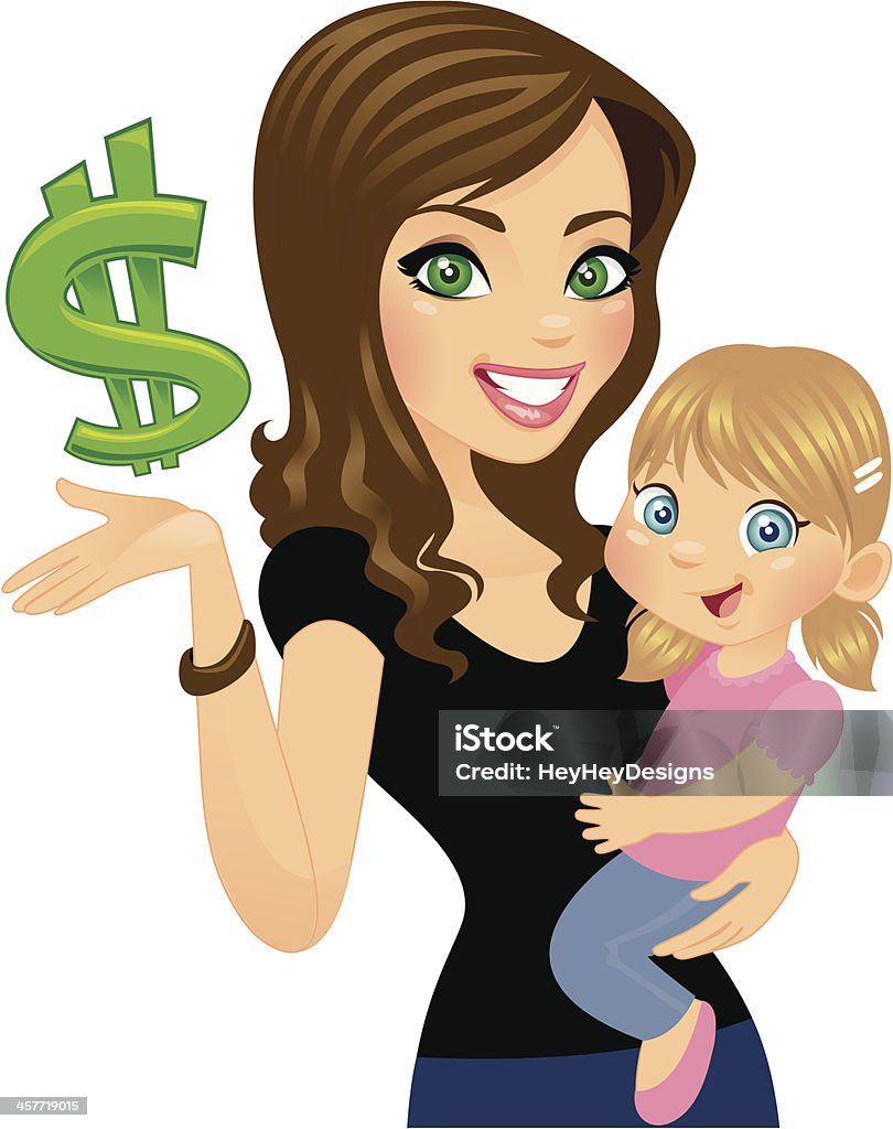 Money Wise Woman with Daughter A beautiful money wise mom with a dollar sign above her hand, holding her adorable daughter.  The dollar sign is easily removed if you just want a gesturing hand.  Adult stock vector