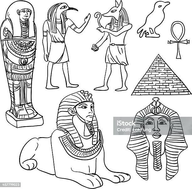 Eygpt Artefaktów W Czarny I Biały - Stockowe grafiki wektorowe i więcej obrazów Bazgroły - Rysunek - Bazgroły - Rysunek, Egipt, Sfinks - Giza