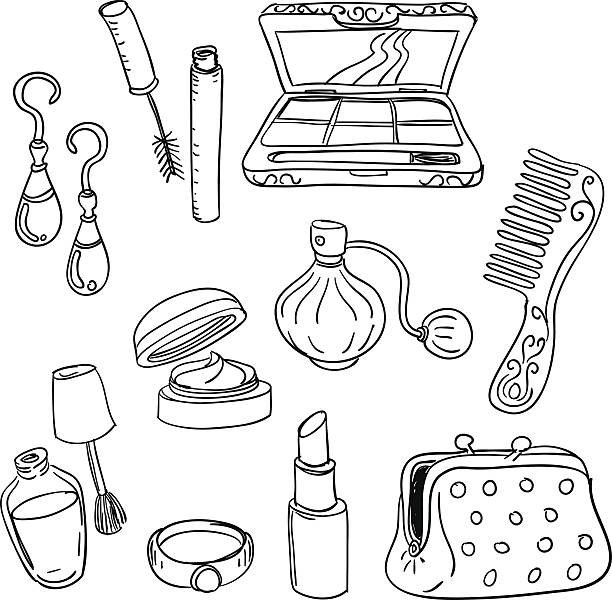 make up tools in black and white Sketch drawings of make up tools in black and white compact mirror stock illustrations