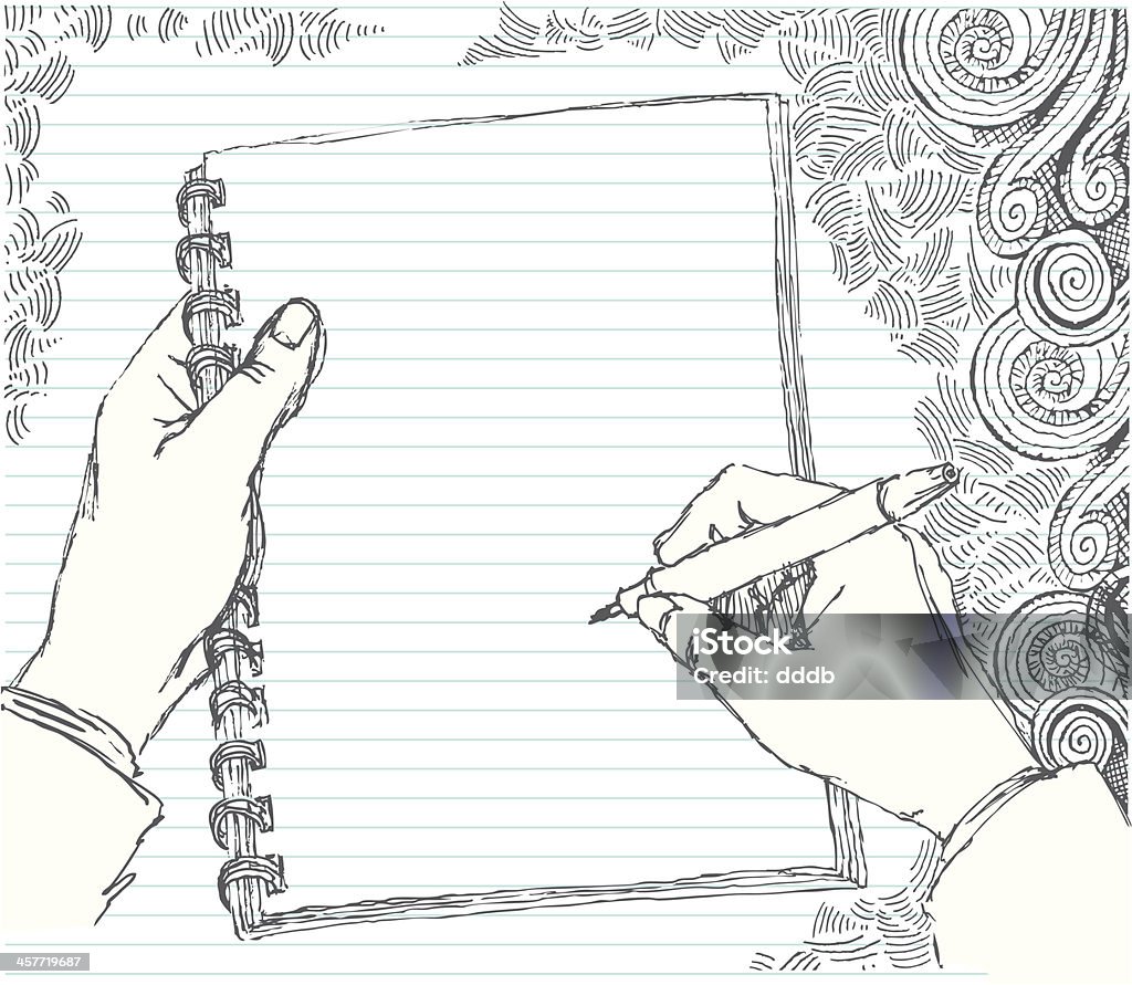 Sketched hand doodling Hand-drawn doodle from the artist's point of view of a sketched hand doodling. Open area on the sketch pad/note pad for you to put your own drawing or text. All parts of the drawing are grouped and on separate layers making for easy changes. Hand with pen can be moved to any position and drawing underneath it is complete. Swirly doodles on layers that can be easily removed. XL 5000x5000 jpeg included. Drawing - Activity stock vector