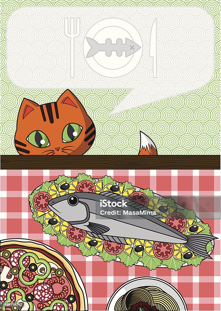 Cat Want to Eat a Fish Illustration of a red cat, who want to eat the fish from the table with food. Abstract stock vector