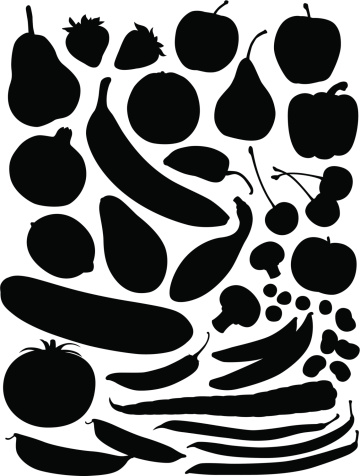 A collection of fruit and veggie silhouettes.