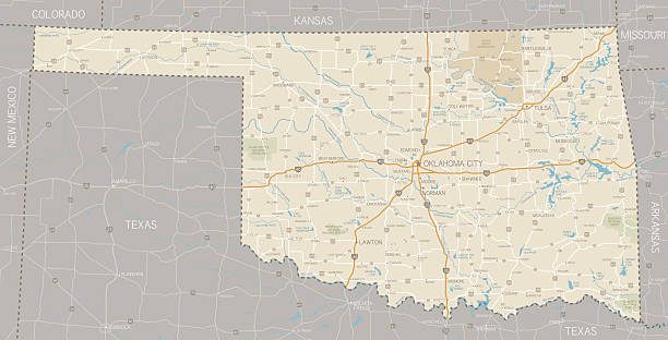 A segmented map of Oklahoma next to Texas A detailed map of Oklahoma state with cities, roads, major rivers, national forests and lakes. Includes neighboring states and surrounding water.  oklahoma stock illustrations