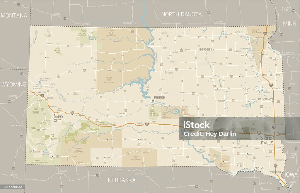 South Dakota Map A detailed map of South Dakota state with cities, roads, major rivers, national forests, monuments, and major lakes. Includes neighboring states and surrounding water.  South Dakota stock vector