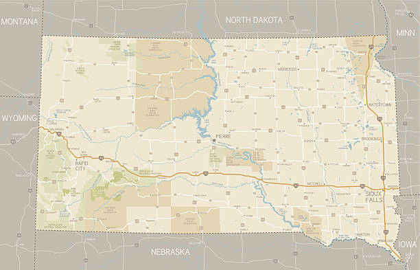 South Dakota Map A detailed map of South Dakota state with cities, roads, major rivers, national forests, monuments, and major lakes. Includes neighboring states and surrounding water.  south dakota stock illustrations