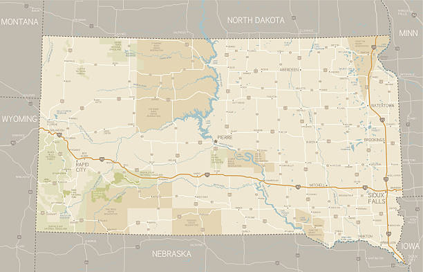 South Dakota Map A detailed map of South Dakota state with cities, roads, major rivers, national forests, monuments, and major lakes. Includes neighboring states and surrounding water. south dakota stock illustrations