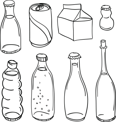 Sketch drawing of different kinds of containers in black and white.