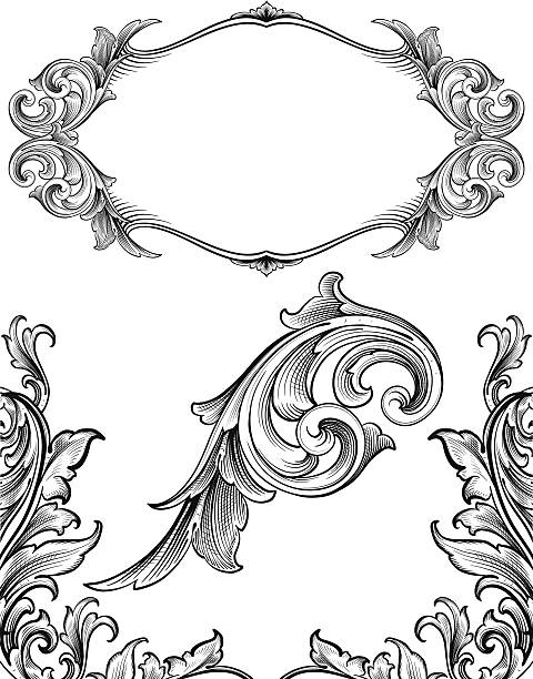 Arabesque Flourish Set Designed by a hand engraver. Frame, corners and ornament. Change color and scale easily with the enclosed EPS and AI files. Also includes hi-res JPG. intricacy stock illustrations