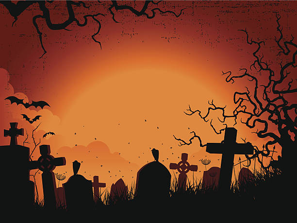 Spooky orange and black Silhouette graveyard background Illustrator CS3 • Illustrator 8.0 eps. • Xlarge hires jpeg cemetery stock illustrations