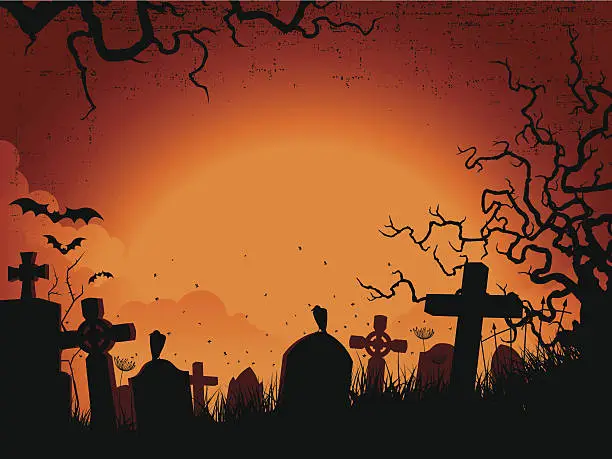 Vector illustration of Spooky orange and black Silhouette graveyard background