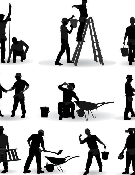 ilustraciones, imágenes clip art, dibujos animados e iconos de stock de trabajador de construcción - construction worker silhouette people construction