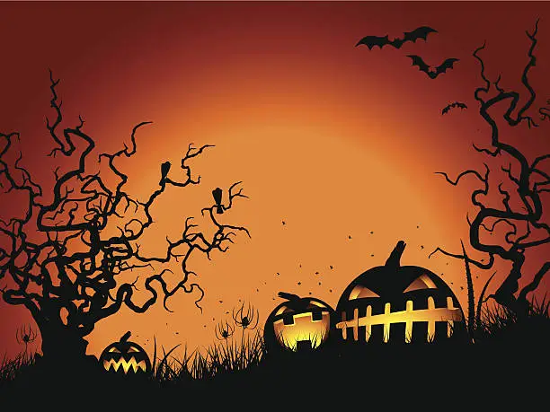 Vector illustration of Halloween gnarled tree & pumpkins