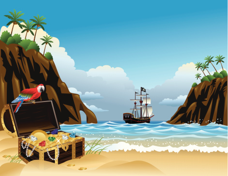 Treasure chest with gold and jewels, pirate ship, parrot and tropical trees and plants