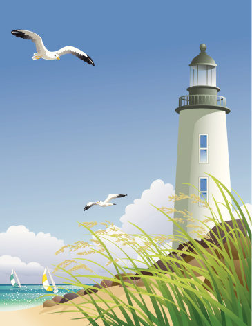 Lighthouse, sailboats, seagulls and sand.