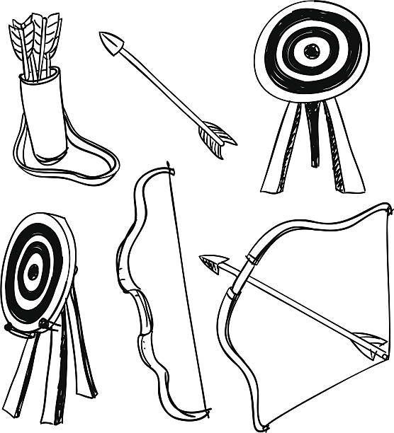 Archery icons in black and white Archery icons in sketch style, black and white. archery bow stock illustrations