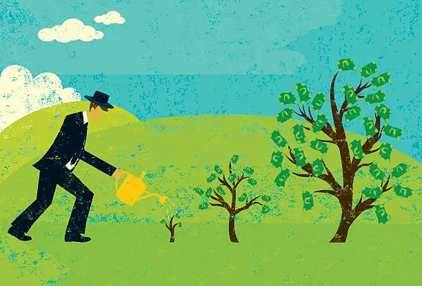 Vector illustration of Illustration of man in suit watering money trees