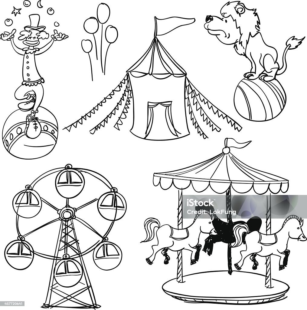 Circus illustration in black and white Sketch drawing of circus elements in black and white. Carousel stock vector