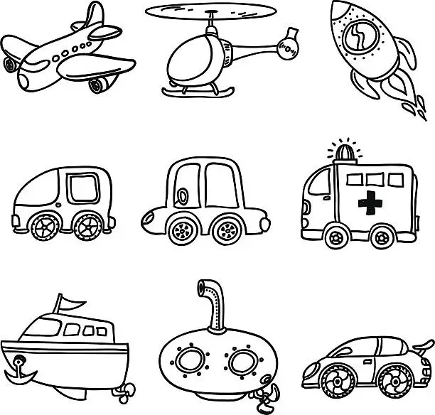 Vector illustration of Transportation collection in black and white