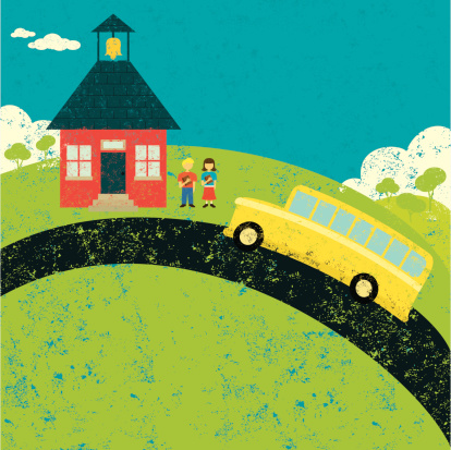 A schoolhouse, schoolboy, schoolgirl, and school bus over an abstract landscape background. The schoolhouse, school kids, and bus is on a separate layer from the background.