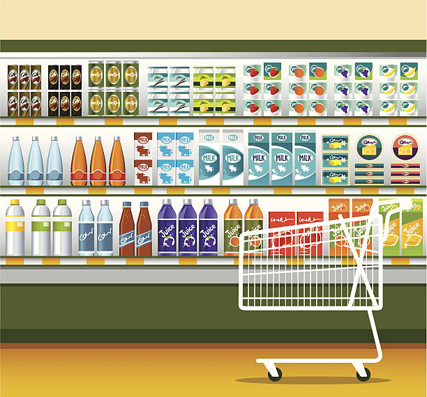 Supermarket & shopping cart Supermarket and shopping cart, with different kinds of berveges, yogurt and Cheese. Zip contains AI, PDF and hi-res jpeg. buying liquor stock illustrations