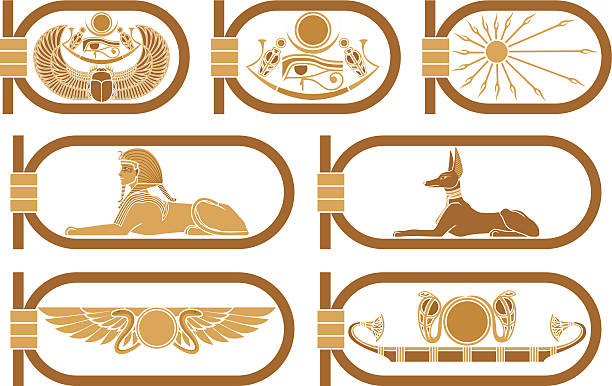 Egypt Icons Egyptian icons with scarab, snakes, sun boat, sphinx and Anubis in cartouches. jackals stock illustrations