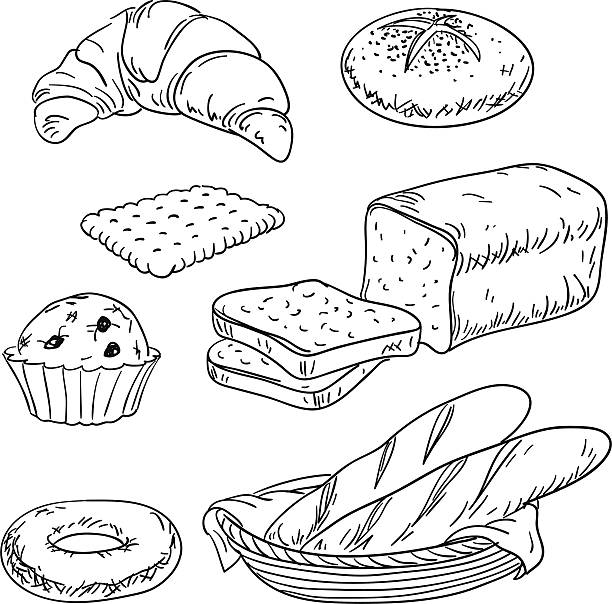 ilustrações, clipart, desenhos animados e ícones de coleção de pão em preto e branco - bread food basket sweet bun