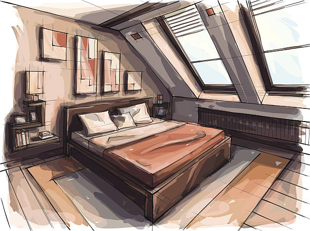 design Vector illustration of interior design. In the style of drawing. (ai 10 eps with transparency effect) drawing of mattress stock illustrations