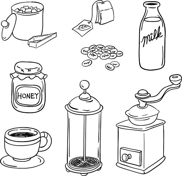 Tea Coffee equipment in black and white Tea and Coffee equipment in black and white milk bottle stock illustrations