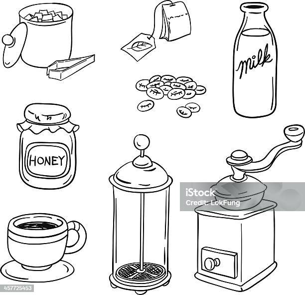 Tea Coffee Equipment In Black And White Stock Illustration - Download Image Now - Milk Bottle, Milk, Drawing - Art Product