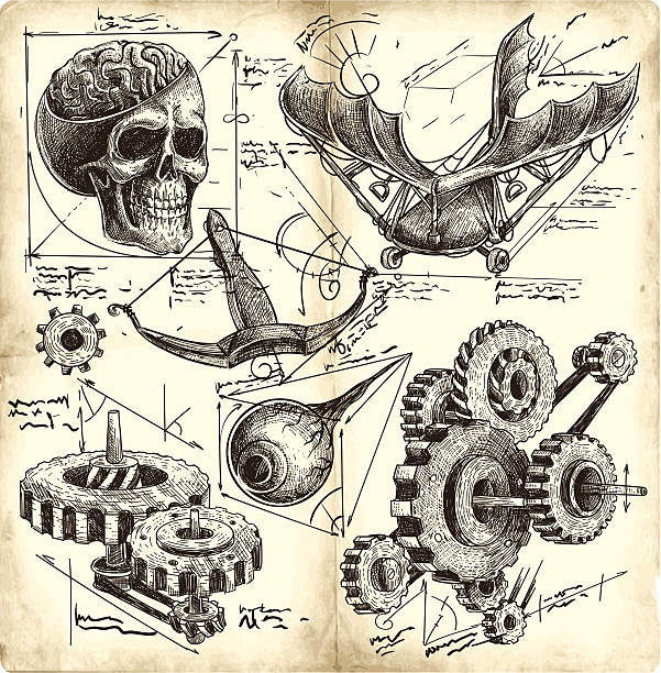 antique engineering drawings - fen bilgisi illüstrasyonlar stock illustrations
