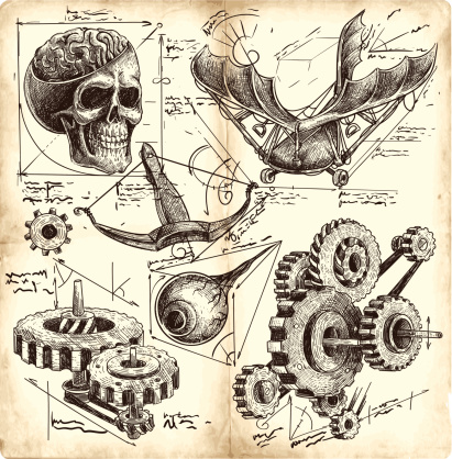 antique engineering drawings in Leonardo da Vinci style