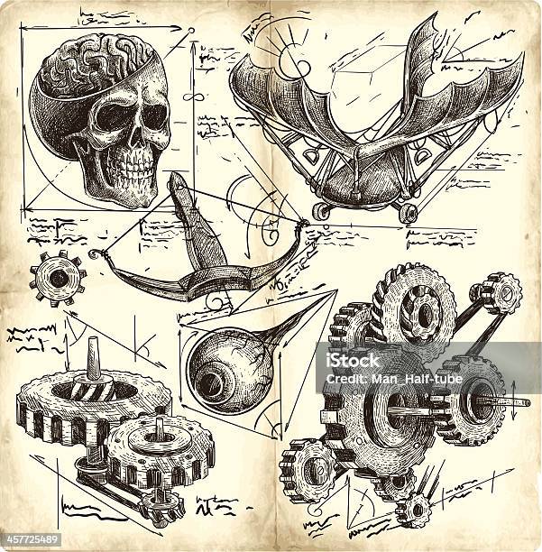 Antique Engineering Drawings Stock Illustration - Download Image Now - Leonardo Da Vinci, Plan - Document, Retro Style