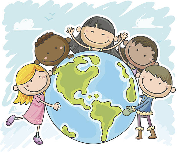 ilustraciones, imágenes clip art, dibujos animados e iconos de stock de little kids se protege el mundo - paz mundial
