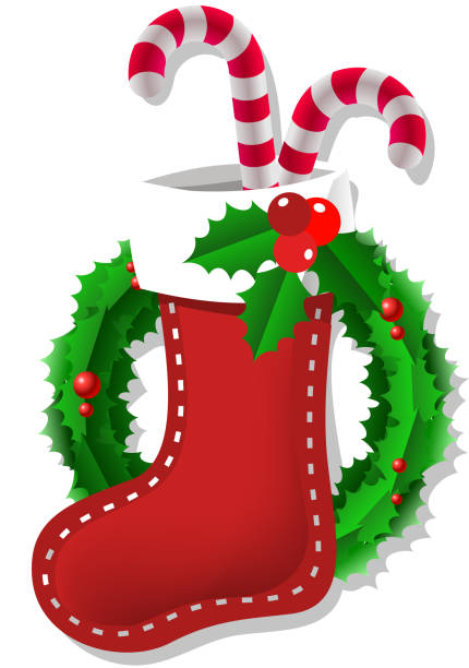 weihnachten stiefelsocken mit zuckerstangen und mistel - nikolaus stiefel stock-grafiken, -clipart, -cartoons und -symbole